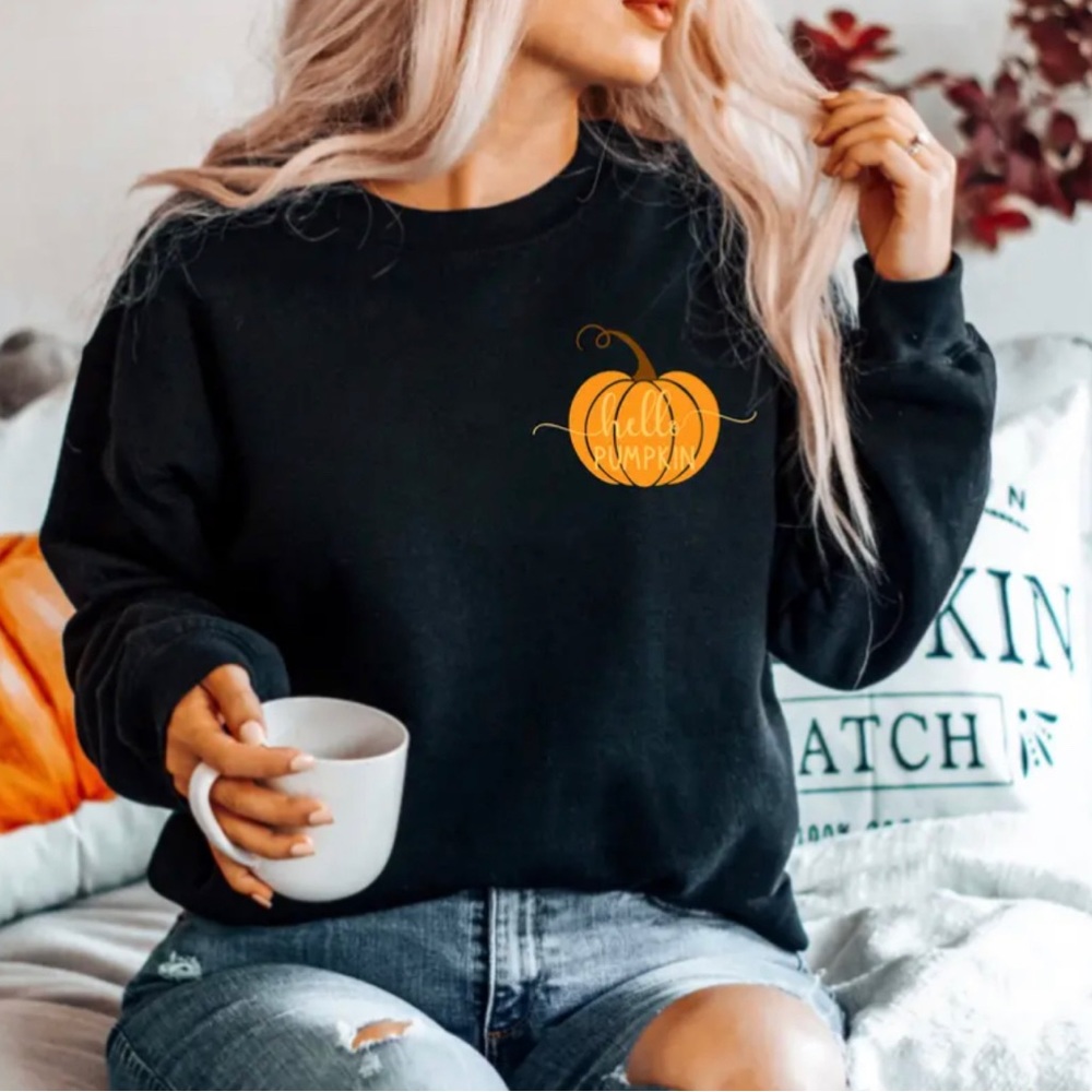 Fall Black Crewneck sweatshirt HELLO PUMPKIN